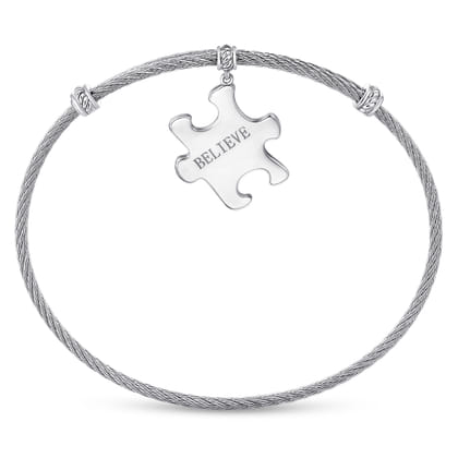 Twisted Cable Stainless Steel Bangle with Sterling Silver Believe Puzzle Piece Charm