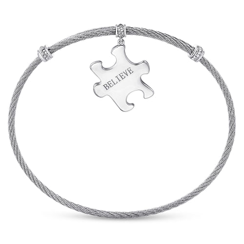 Twisted Cable Stainless Steel Bangle with Sterling Silver Believe Puzzle Piece Charm - Shot 3