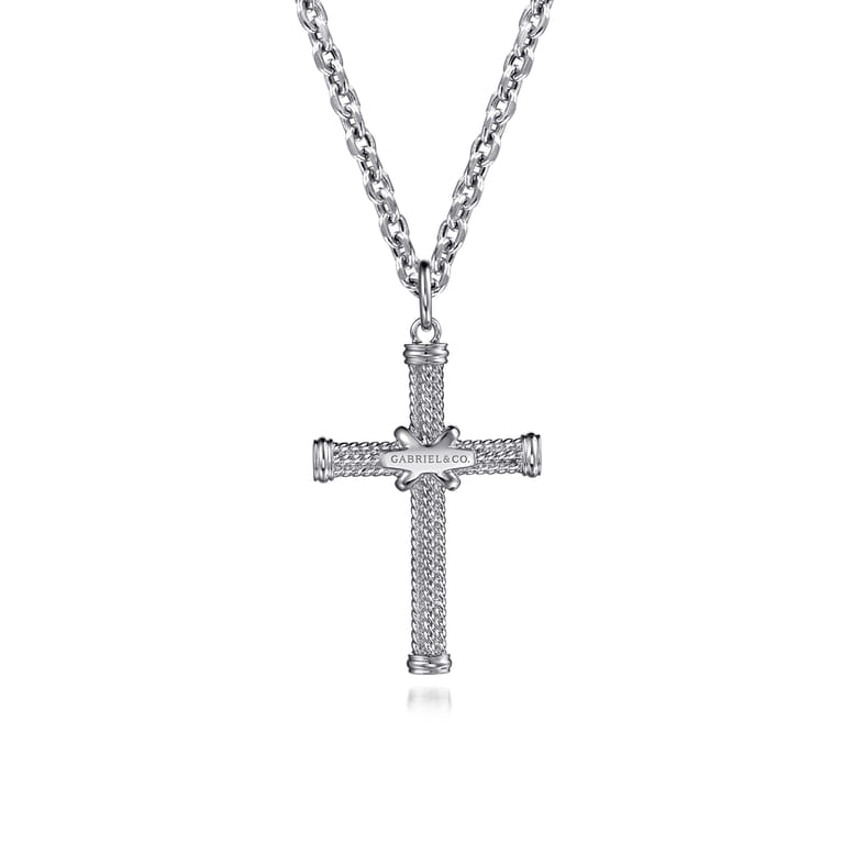 Twisted Rope Cross Pendant Necklace X Center 925 Sterling Silver - Shot 2