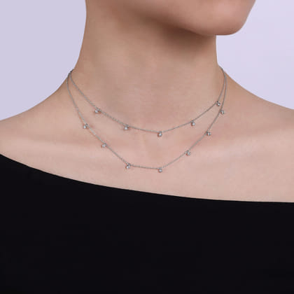 Two Row 14K White Gold Necklace with Diamond Drops