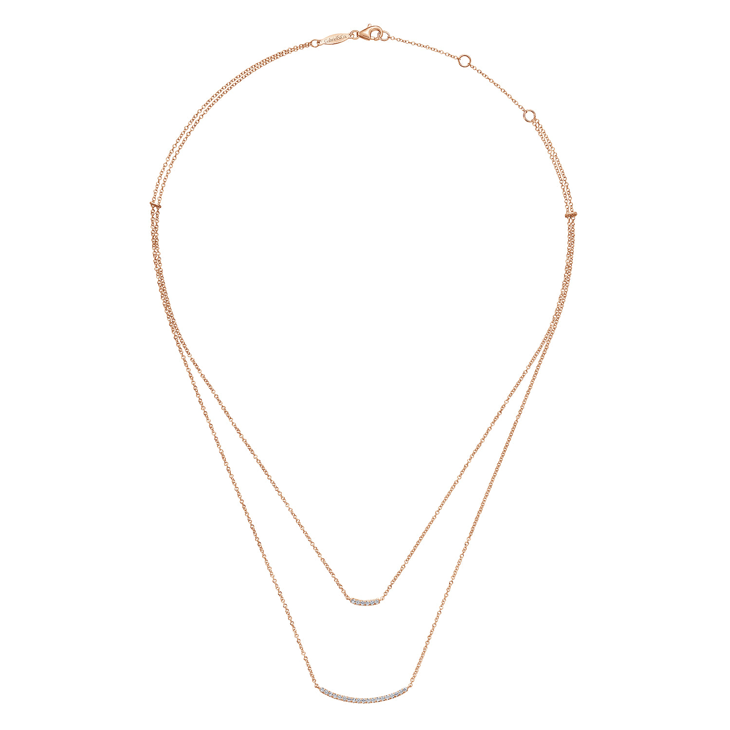 Two Strand 14K Rose Gold Curved Diamond Bar Necklace