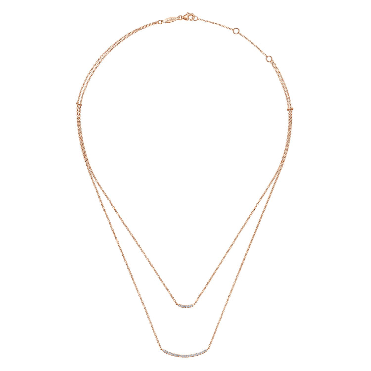 Two Strand 14K Rose Gold Curved Diamond Bar Necklace
