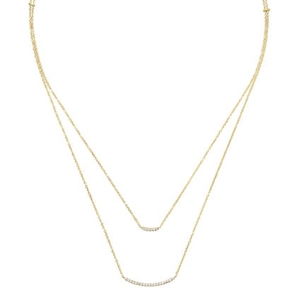 Two Strand 14K Yellow Gold Curved Diamond Bar Necklace