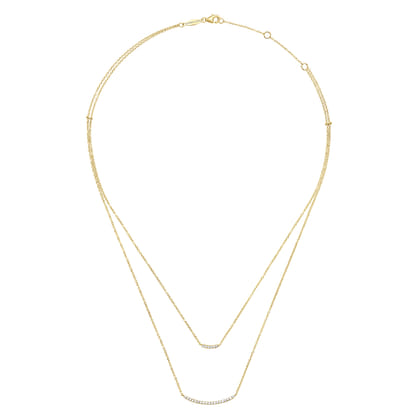 Two Strand 14K Yellow Gold Curved Diamond Bar Necklace