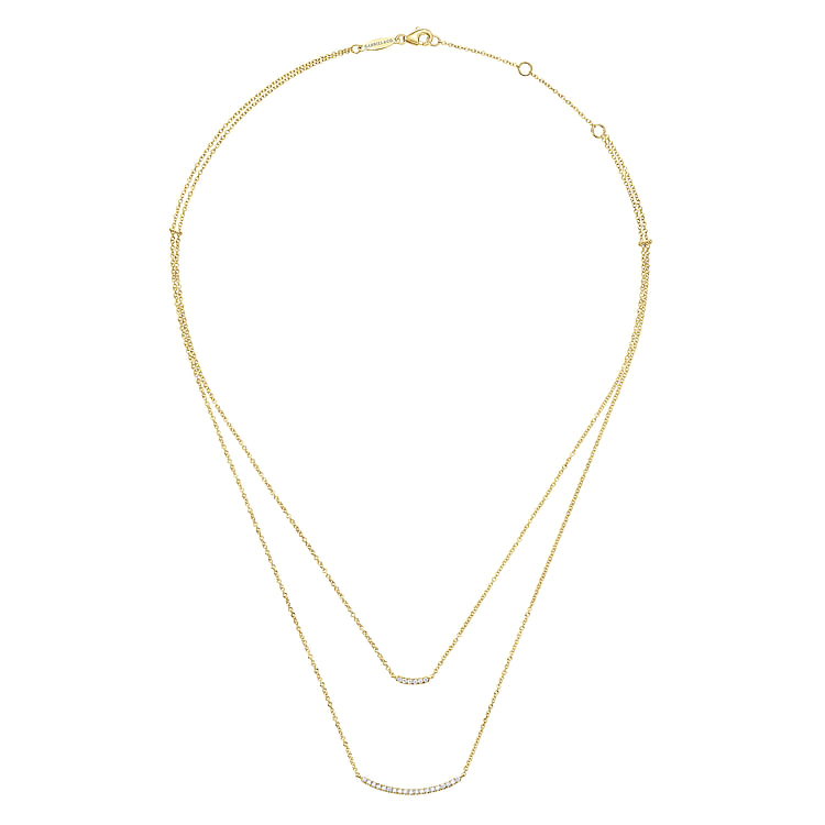 Two Strand 14K Yellow Gold Curved Diamond Bar Necklace