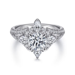 14K White Gold Floral Halo Round Diamond Engagement Ring