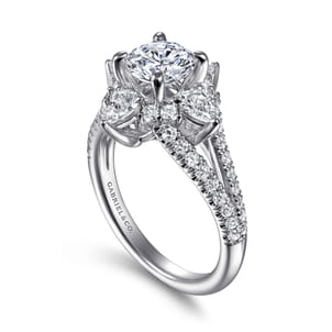 Uma - 14K White Gold Floral Halo Round Diamond Engagement Ring