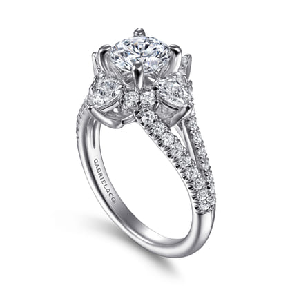 Uma - 14K White Gold Floral Halo Round Diamond Engagement Ring