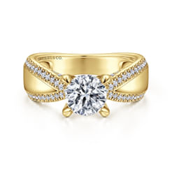 14K Yellow Gold Wide Band Round Diamond Engagement Ring