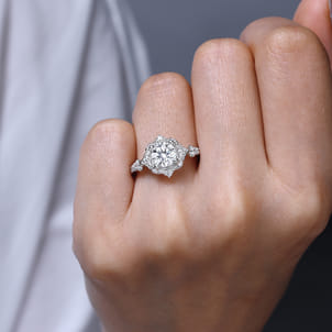 Veronique - Platinum Unique Vintage Inspired Halo Engagement Ring