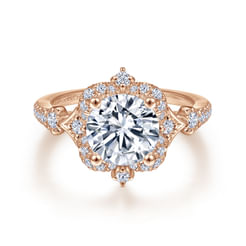 Unique 14K Rose Gold Vintage Inspired Halo Diamond Engagement Ring