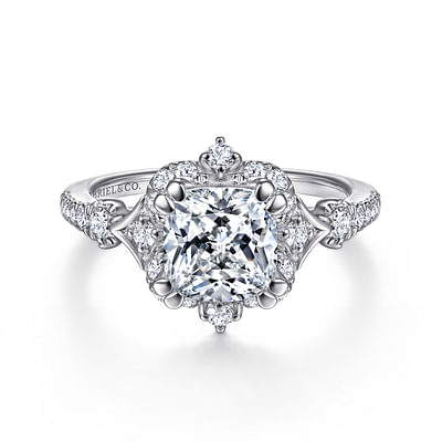 Veronique - Unique 14K White Gold Vintage Inspired Cushion Cut Halo Diamond Engagement Ring