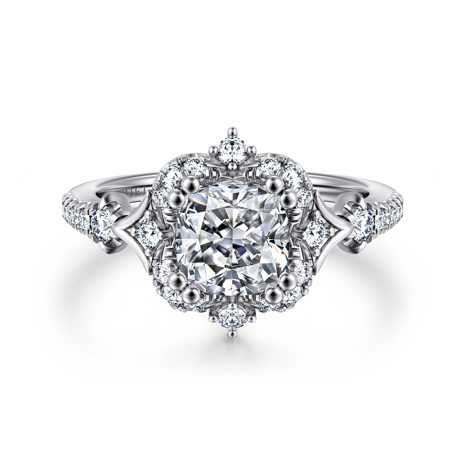 Veronique - Unique 14K White Gold Vintage Inspired Cushion Halo Diamond Engagement Ring