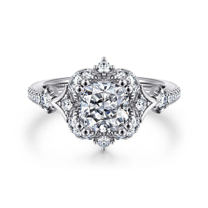 Veronique - Unique 14K White Gold Vintage Inspired Cushion Halo Diamond Engagement Ring