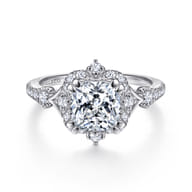 Veronique - Unique 14K White Gold Vintage Inspired Cushion Halo Diamond Engagement Ring