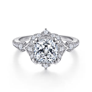 Veronique - Unique 14K White Gold Vintage Inspired Cushion Halo Diamond Engagement Ring