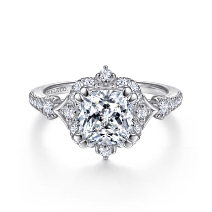 Veronique - Unique 14K White Gold Vintage Inspired Cushion Halo Diamond Engagement Ring