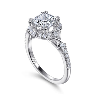 Veronique - Unique 14K White Gold Vintage Inspired Cushion Halo Diamond Engagement Ring