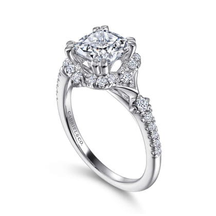 Veronique - Unique 14K White Gold Vintage Inspired Cushion Halo Diamond Engagement Ring