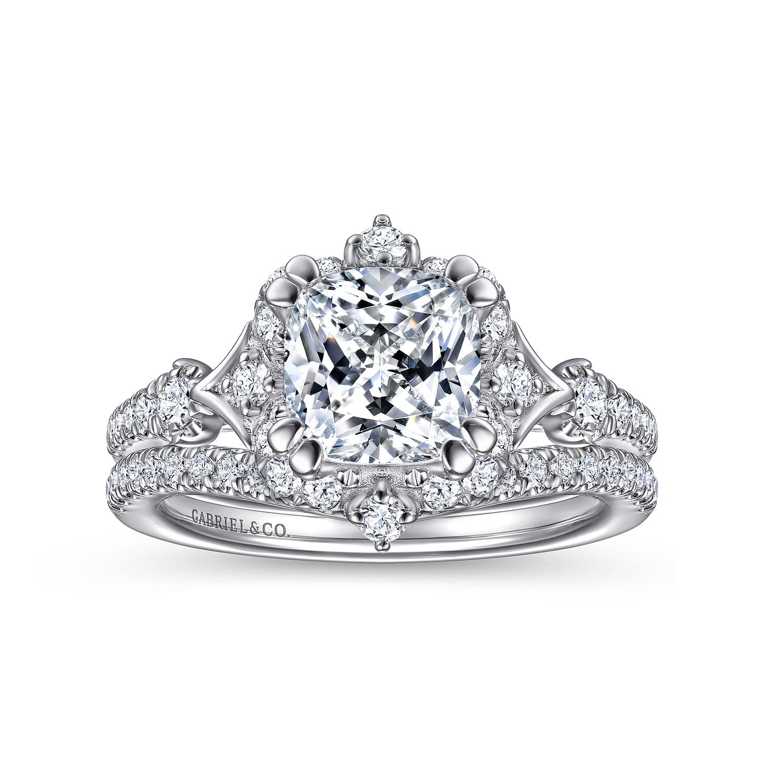 Veronique - Unique 14K White Gold Vintage Inspired Cushion Halo Diamond Engagement Ring