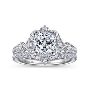 Veronique - Unique 14K White Gold Vintage Inspired Cushion Halo Diamond Engagement Ring