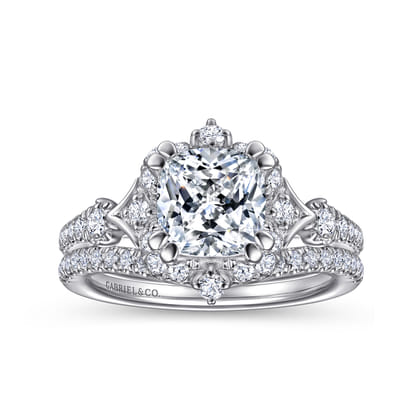 Veronique - Unique 14K White Gold Vintage Inspired Cushion Halo Diamond Engagement Ring