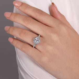 Veronique - Unique 14K White Gold Vintage Inspired Cushion Halo Diamond Engagement Ring