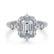 Veronique - Unique 14K White Gold Vintage Inspired Emerald Cut Halo Diamond Engagement Ring