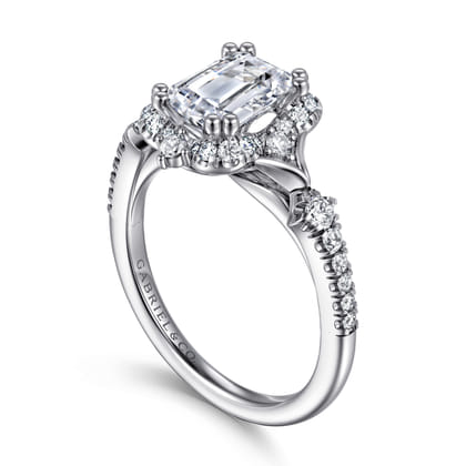 Veronique - Unique 14K White Gold Vintage Inspired Emerald Cut Halo Diamond Engagement Ring