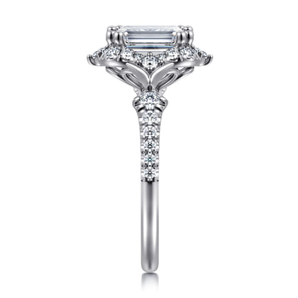 Veronique - Unique 14K White Gold Vintage Inspired Emerald Cut Halo Diamond Engagement Ring