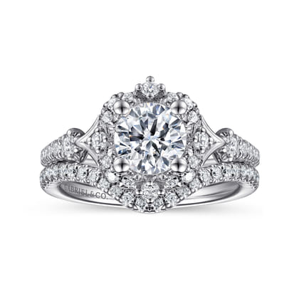 Veronique - Unique 14K White Gold Vintage Inspired Halo Diamond Engagement Ring
