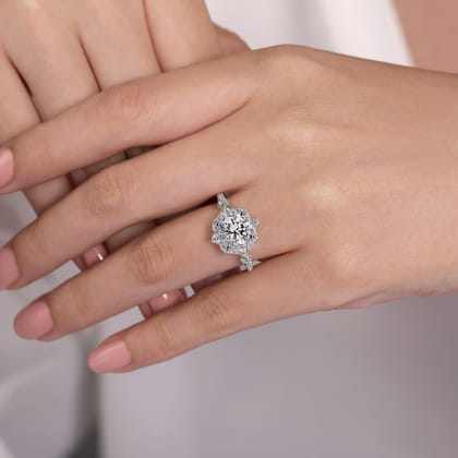 Veronique - Unique 14K White Gold Vintage Inspired Halo Diamond Engagement Ring