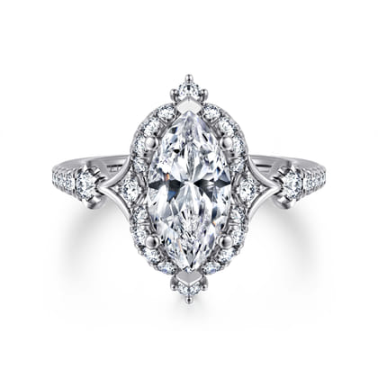 Veronique - Unique 14K White Gold Vintage Inspired Marquise Shape Halo Diamond Engagement Ring