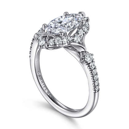 Veronique - Unique 14K White Gold Vintage Inspired Marquise Shape Halo Diamond Engagement Ring