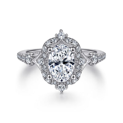 Veronique - Unique 14K White Gold Vintage Inspired Oval Halo Diamond Engagement Ring