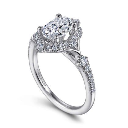 Veronique - Unique 14K White Gold Vintage Inspired Oval Halo Diamond Engagement Ring