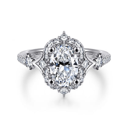 Veronique - Unique 14K White Gold Vintage Inspired Oval Halo Diamond Engagement Ring