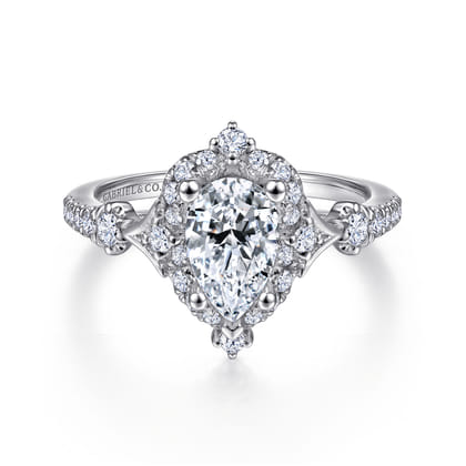 Veronique - Unique 14K White Gold Vintage Inspired Pear Shape Halo Diamond Engagement Ring