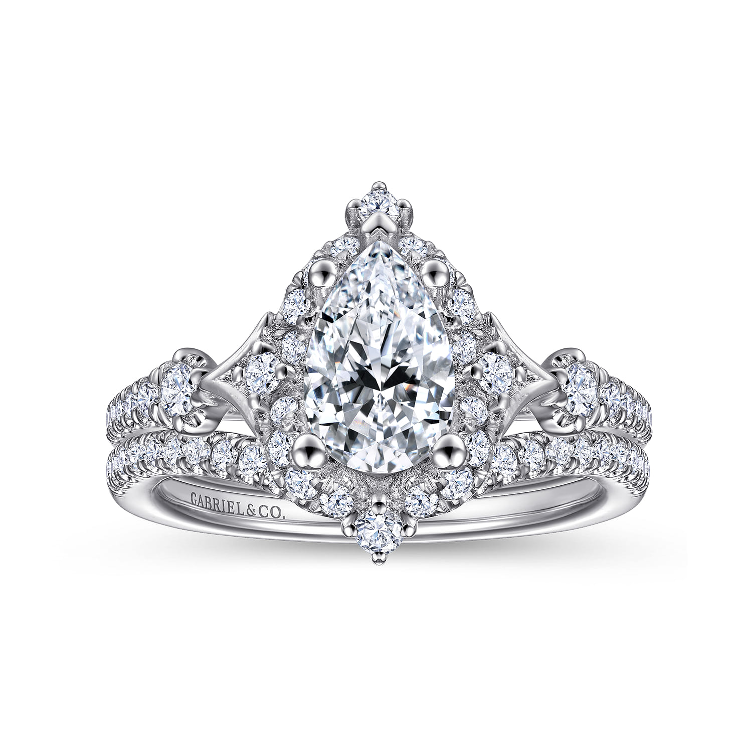 Veronique - Unique 14K White Gold Vintage Inspired Pear Shape Halo Diamond Engagement Ring