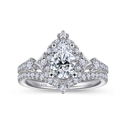 Veronique - Unique 14K White Gold Vintage Inspired Pear Shape Halo Diamond Engagement Ring
