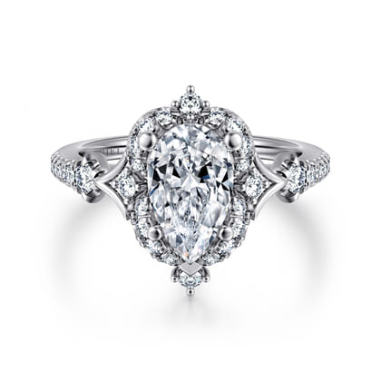 Veronique - Unique 14K White Gold Vintage Inspired Pear Shape Halo Diamond Engagement Ring