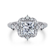 Veronique - Unique 14K White Gold Vintage Inspired Princess Halo Diamond Engagement Ring