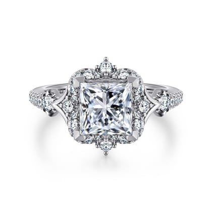 Veronique - Unique 14K White Gold Vintage Inspired Princess Halo Diamond Engagement Ring