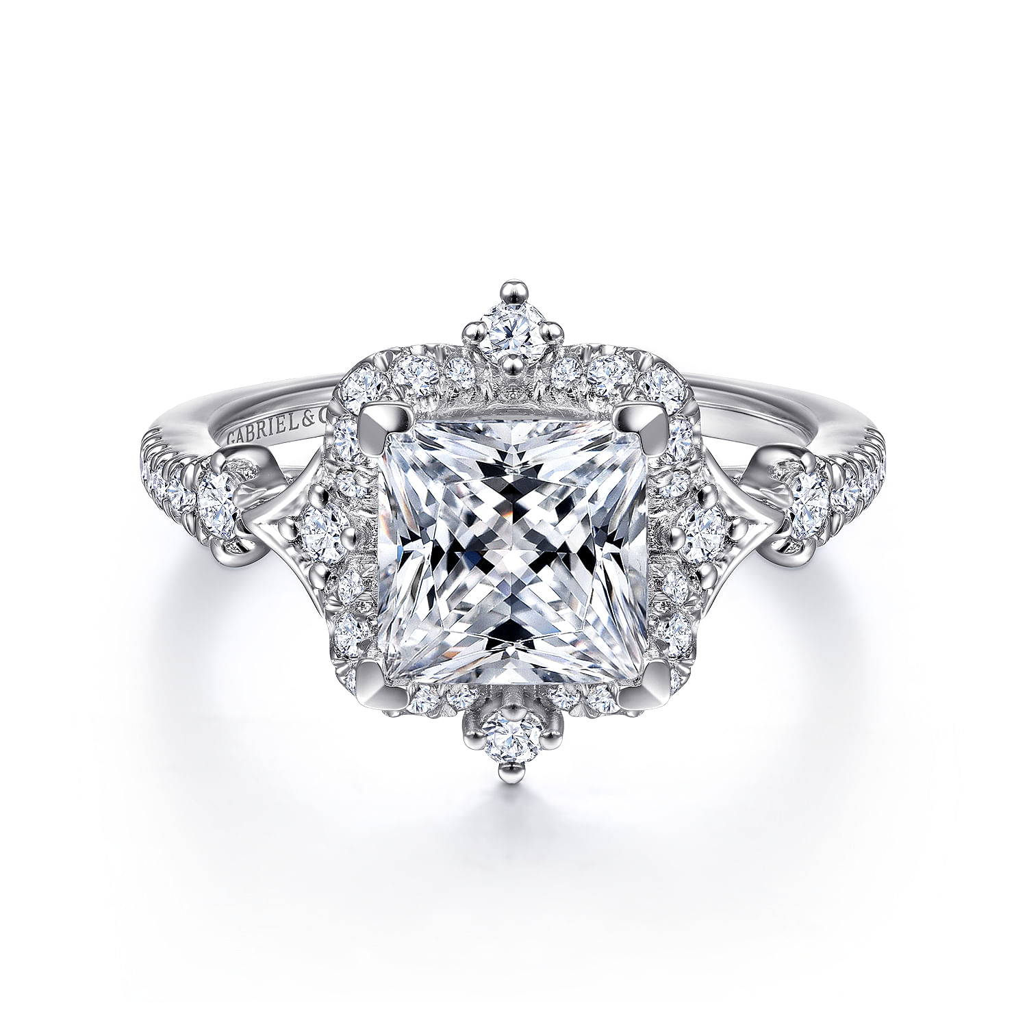 Veronique - Unique 14K White Gold Vintage Inspired Princess Halo Diamond Engagement Ring
