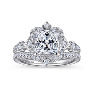 Veronique - Unique 14K White Gold Vintage Inspired Princess Halo Diamond Engagement Ring