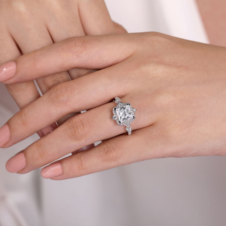 Veronique - Unique 14K White Gold Vintage Inspired Princess Halo Diamond Engagement Ring