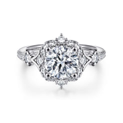 Unique 14K White Gold Vintage Inspired Round Halo Diamond Engagement Ring