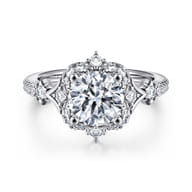 Veronique - Unique 14K White Gold Vintage Inspired Round Halo Diamond Engagement Ring