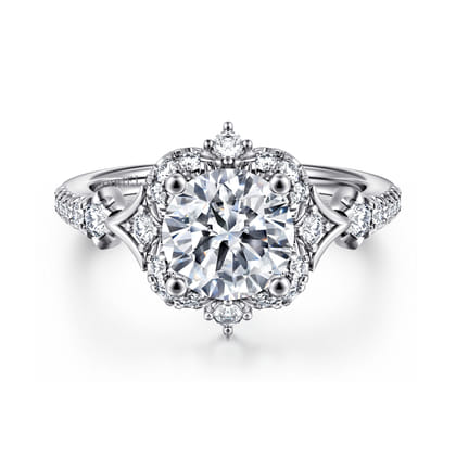 Veronique - Unique 14K White Gold Vintage Inspired Round Halo Diamond Engagement Ring