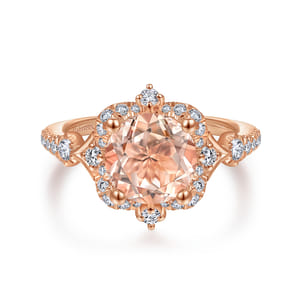 Veronique - Vintage Inspired 14K Rose Gold Round Halo Morganite and Diamond Engagement Ring